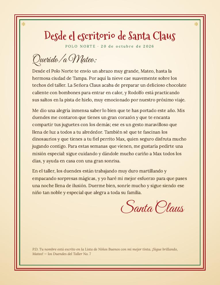 Ejemplo de carta personalizada de Santa Claus en español