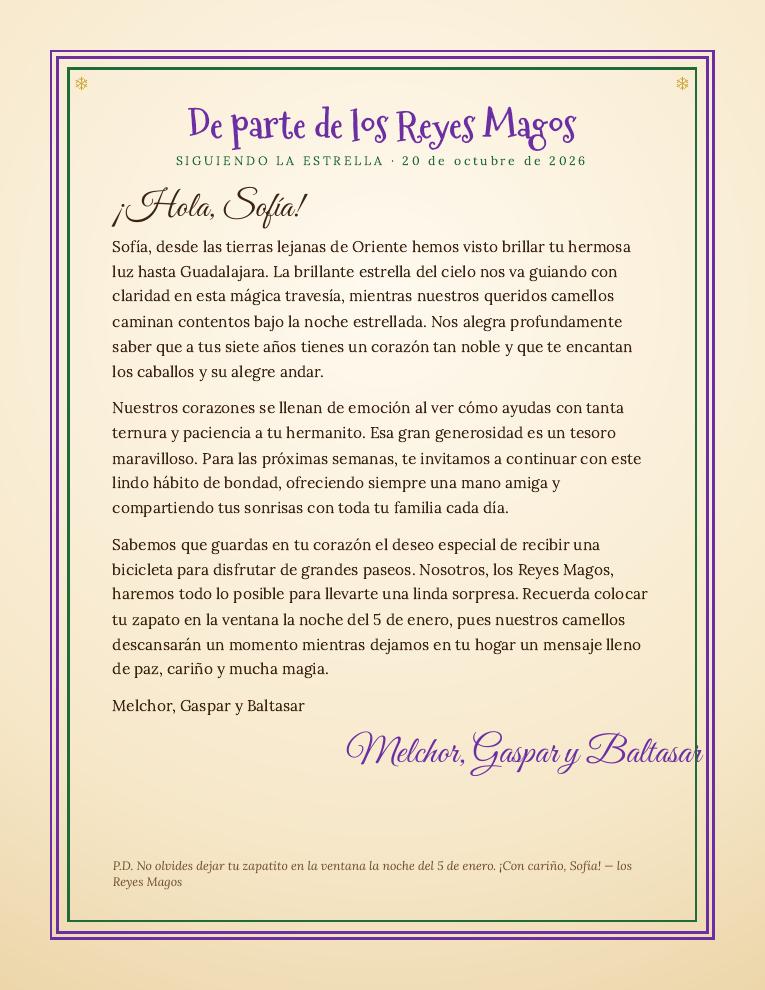 Ejemplo de carta personalizada de los Reyes Magos